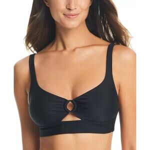 Bar III Women Black Solid Resort Ring-Detail Tie-Back Swim Bikini Top Size L